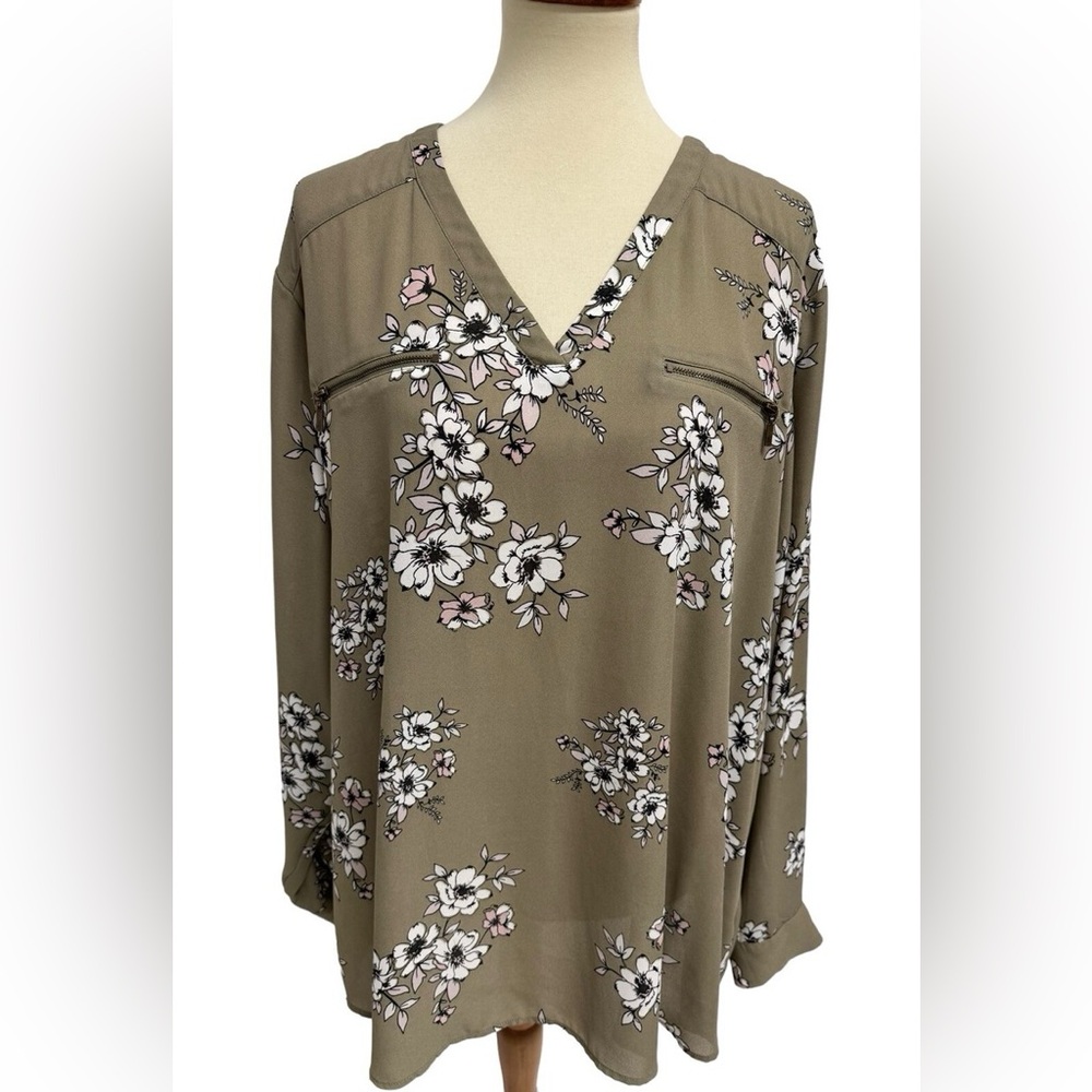Maurices Floral Blouse - Olive and White